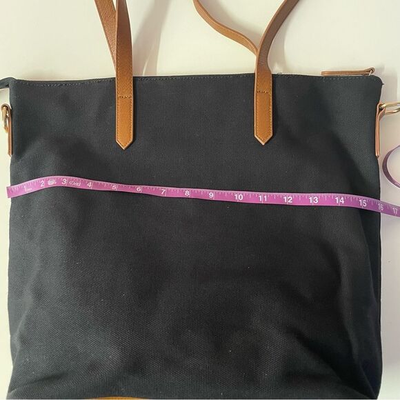 Forever 21 Black Canvas & Cognac Brown Faux Leather Tote Bag GUC - Picture 5 of 6